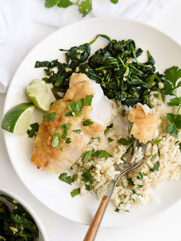 Almond-Crusted Cod with Coconut Rice and Ginger Spinach | foodiecrush.com #recipes #healthy #fish
