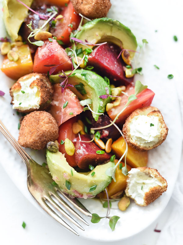Beet, Avocado and Fried Goat Cheese Salad | foodiecrush.com #recipe #vinaigrette #dressing #withgoatcheese #roasted #recipes