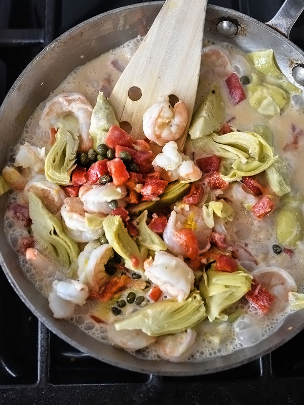 Shrimp Pasta with Roasted Red Peppers and Artichokes | foodiecrush.com 