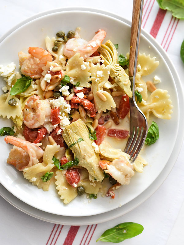 Shrimp Pasta with Roasted Red Peppers and Artichokes | foodiecrush.com #healthy #recipes #easy creamy #garlic
