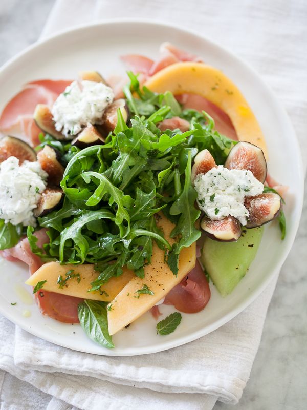 Goat Cheese Stuffed Fig, Melon and Prosciutto Salad from foodiecrush.com on foodiecrush.com
