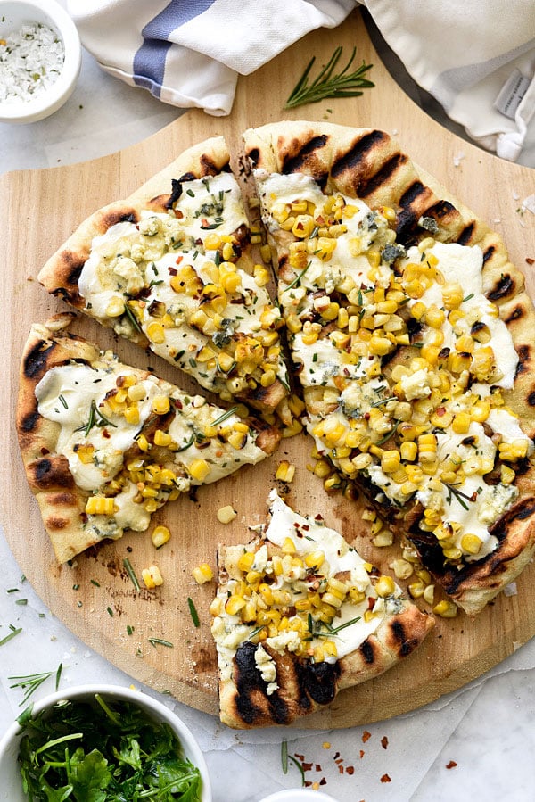 Charred Corn and Rosemary Grilled Pizza foodiecrush.com 