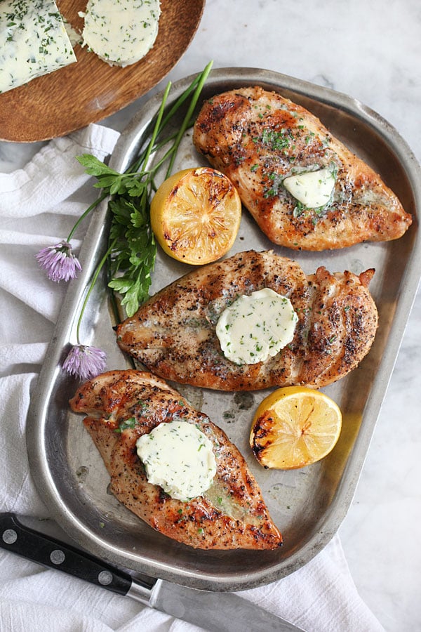 Grilled Chicken Breasts with Chive and Herb Butter | foodiecrush.com #easy #recipes #grilled