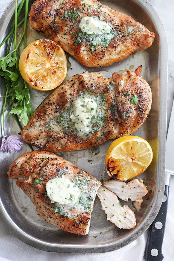 Grilled Chicken Breasts with Chive and Herb Butter | foodiecrush.com #easy #recipes #grilled