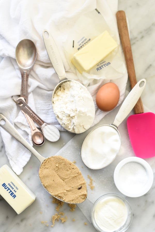 salted chocolate chip cookies ingredients on marble countertop