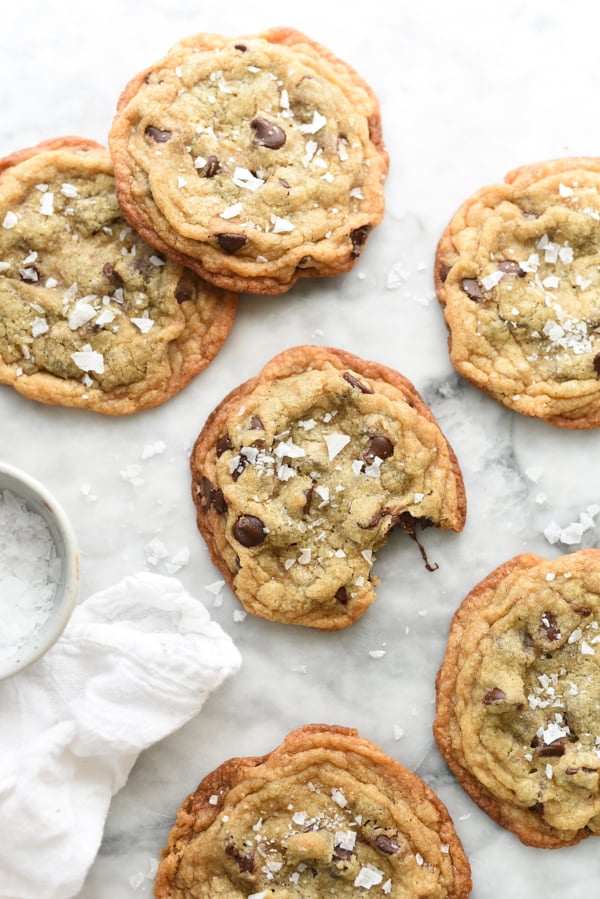 the best chocolate chip cookies topped with flaked salt