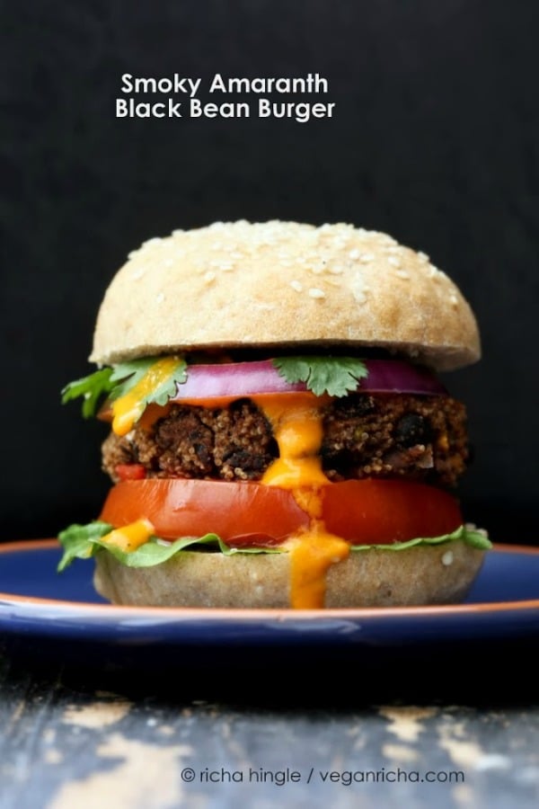 Smoky Amaranth Black Bean Burgers with Roasted Red Pepper Sauce from veganricha.com on foodiecrush.com