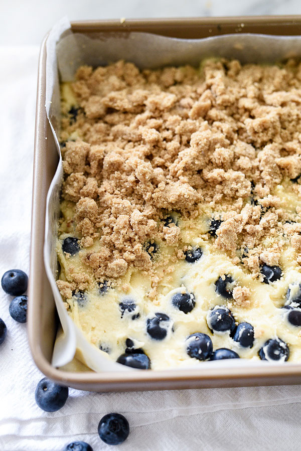 unbaked blueberry coffee cake with streusel topping