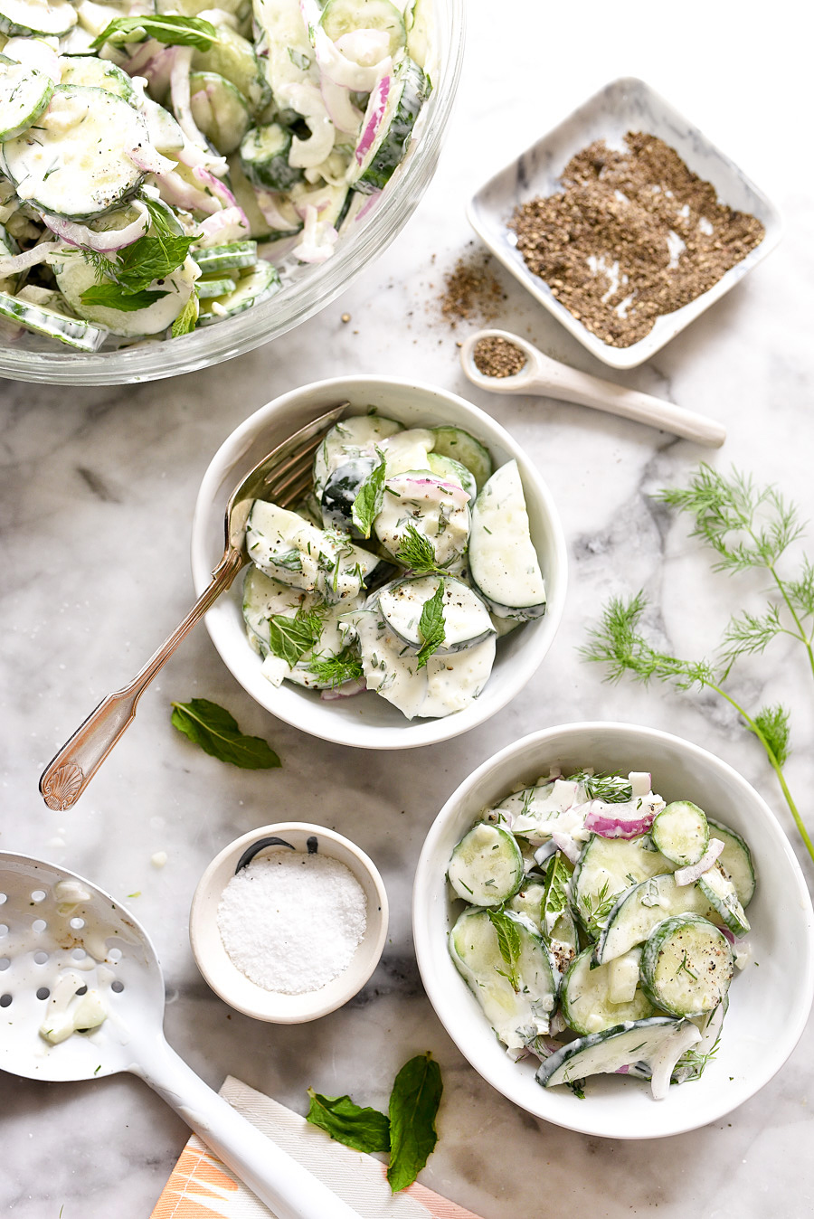 Creamy Yogurt Cucumber Salad Recipe on foodiecrush.com 