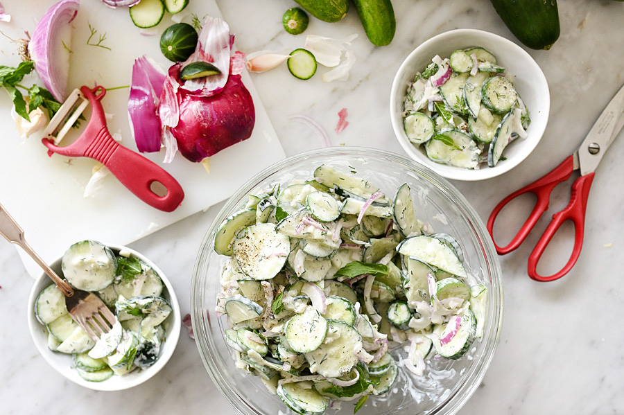 Creamy Yogurt Cucumber Salad Recipe on foodiecrush.com 