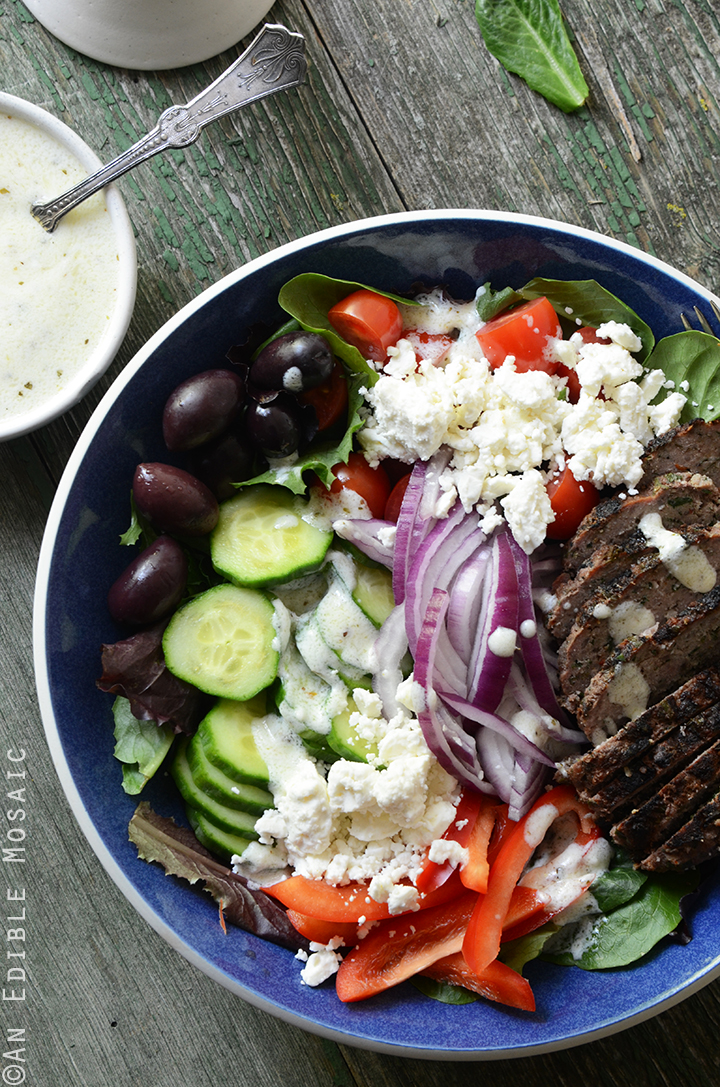Greek Salad Bowls with Spiced Lamb Burgers from Edible Mosaic on foodiecrush.com 