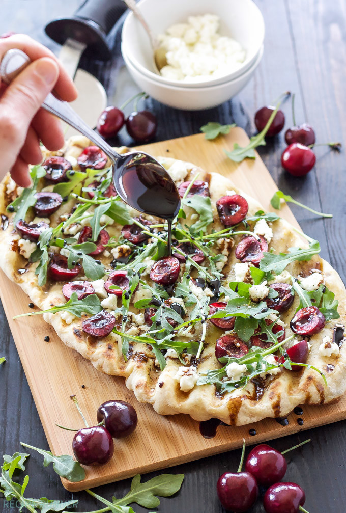 Grilled Cherry, Goat Cheese, and Arugula Pizza from reciperunner.com on foodiecrush.com 
