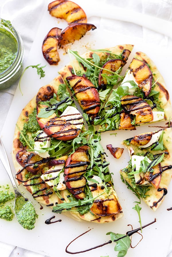 Grilled Flatbread with Peaches and Arugula Pesto | foodiecrush.com #pizza #recipe #healthy #lunches #appetizer #pesto