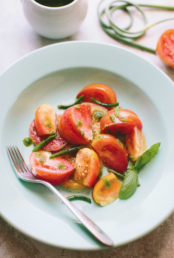 Heirloom Tomatoes with Garlic Scape and Basil Vinaigrette from a thoughtforfood.net on foodiecrush.com