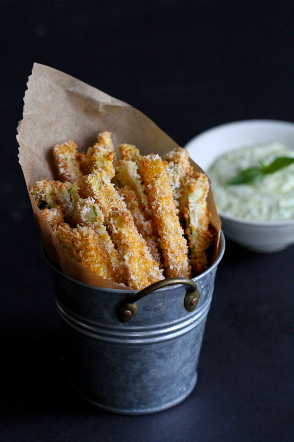 Baked Zucchini Fries with Pesto Yogurt Dipping Sauce from Cookin' Canuck | foodiecrush.com 