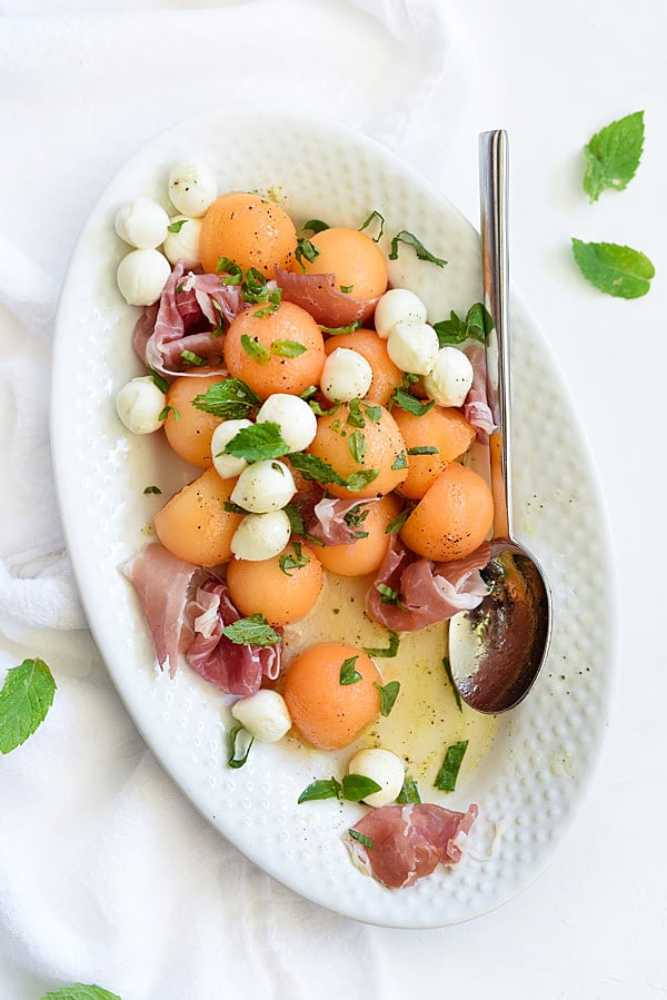 Cantaloupe and Mozzarella Caprese Salad | foodiecrush.com #freshfruit #mint #mozzarella #recipes #summer #easy