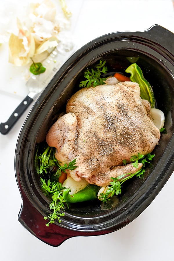 Crockpot Whole Chicken | foodiecrush.com #recipes #easy #andpotatoes #crockpots #withvegetables #healthy