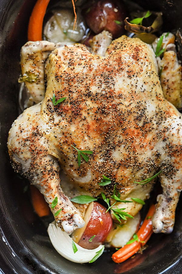 Slow Cooker Whole Chicken | foodiecrush.com