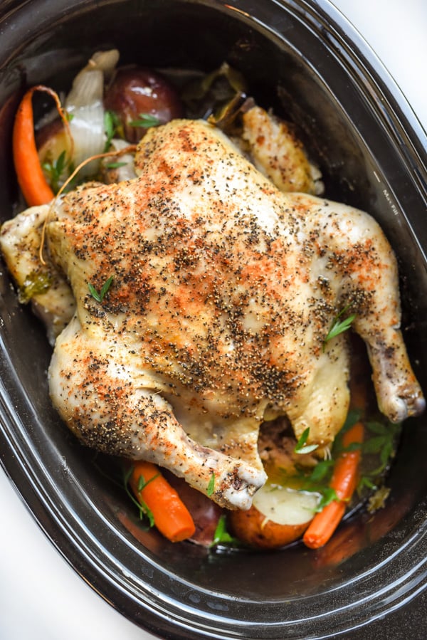 Crockpot Whole Chicken | foodiecrush.com #recipes #easy #andpotatoes #crockpots #withvegetables #healthy