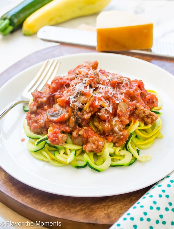 Zucchini and Yellow Squash Noodles with Turkey Sausage Bolognese by Flavor the Moments | foodiecrush.com 