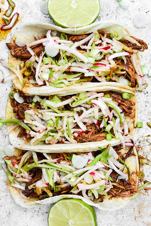 Shredded Hoisin-Blackberry Chicken Tacos with Crunchy Slaw by Floating Kitchen | foodiecrush.com 