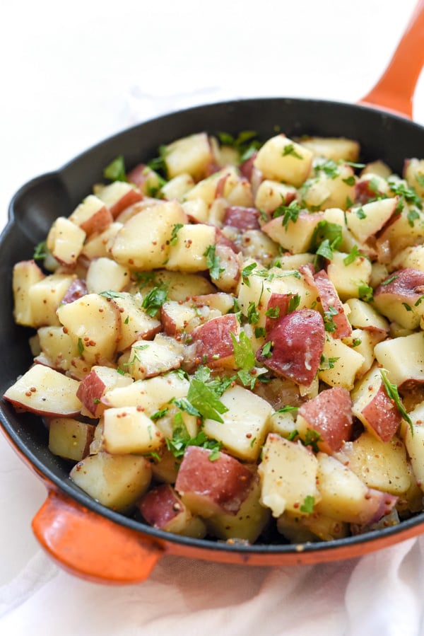 vinegar potato salad in skillet 