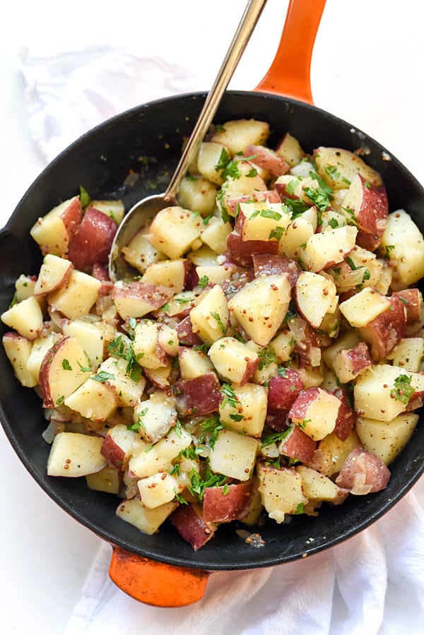 German potato salad in cast iron skillet