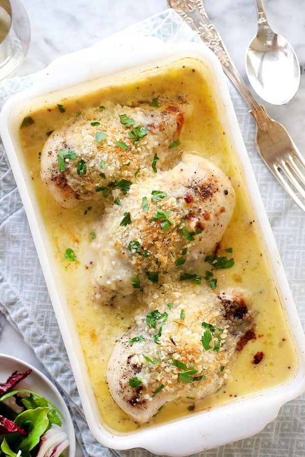 Cheesy Mustard Baked Chicken Breasts | foodiecrush.com #recipes #breastrecipes #bake #comfortfoods #cheese