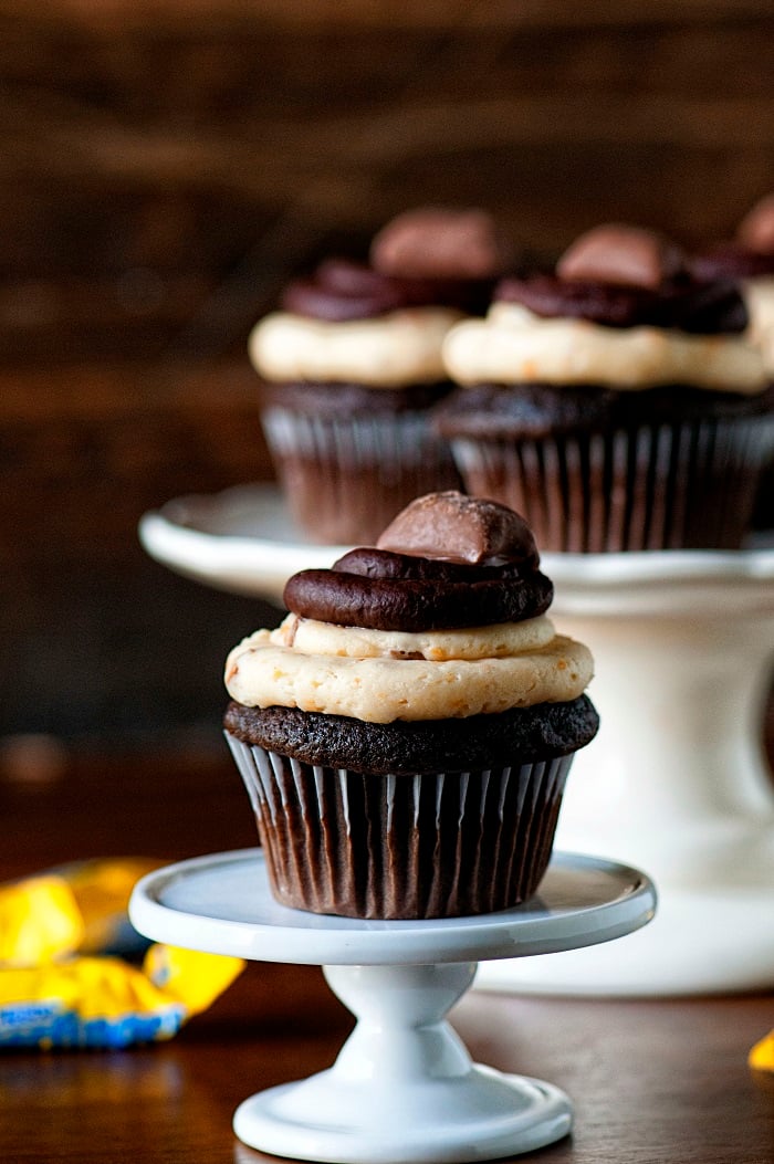 Dark Chocolate Butterfinger Cupcakes from Chocolate Chocolate and More on foodiecrush.com 