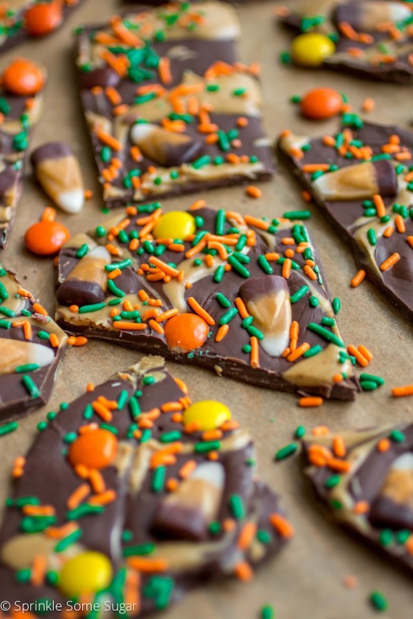 Peanut Butter Candy Corn Bark from Chocolate Chocolate and More on foodiecrush.com