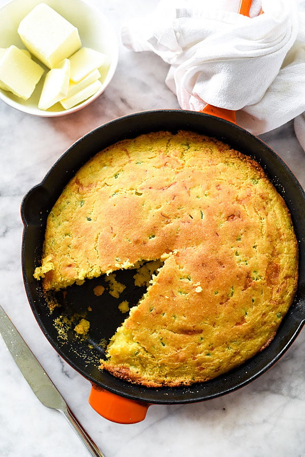 jalapeno cheddar cornbread in cast iron skillet