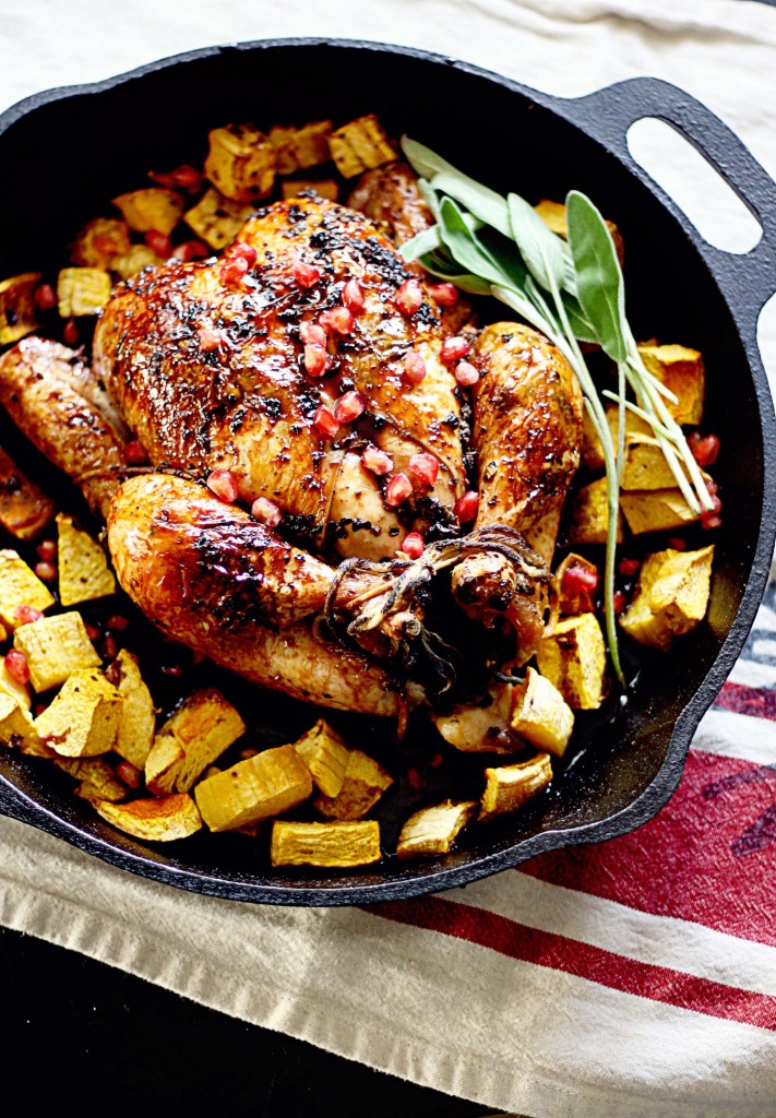 Sage and Garlic Roasted Chicken with Pomegranate and Black Pepper Glaze by In Sock Monkey Slippers on foodiecrush.com 