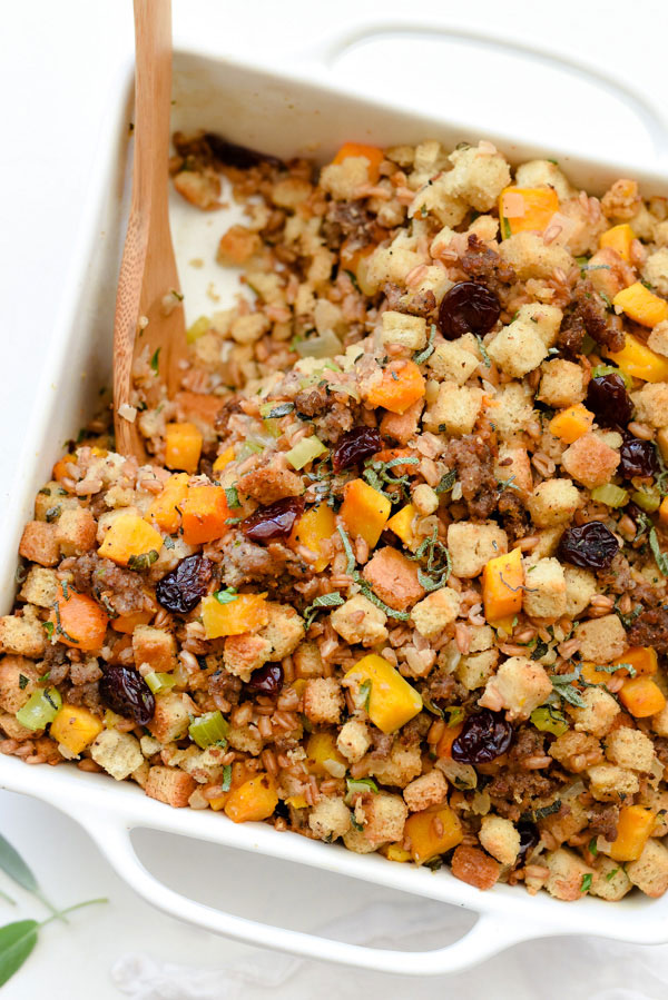 Farro, Butternut Squash, Sausage and Dried Cherry Stuffing | foodiecrush.com #recipe #Thanksgiving #easy #sage