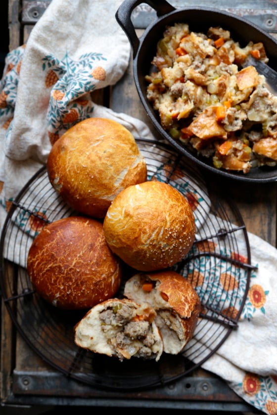 Sausage Sour Dough Stuffing Filled Pretzel Rolls from Wanna Be a Country Cleaver on foodiecrush.com 