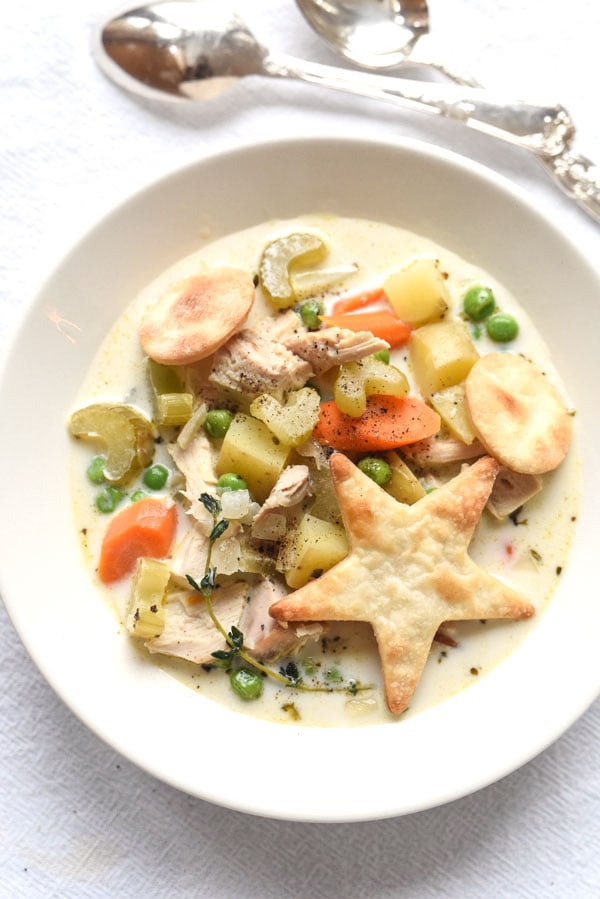 Turkey Pot Pie Soup | foodiecrush.com #easy #dinners #recipes #comfortfoods #Thanksgivingleftovers