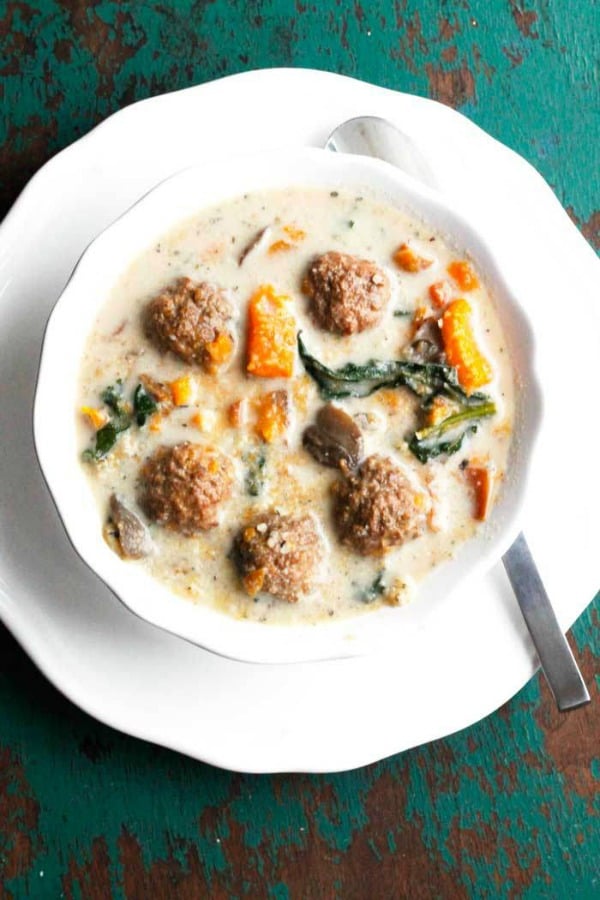 Slow Cooker Meatball, Sweet Potato & Kale Soup from smilesandwich.com on foodiecrush.com