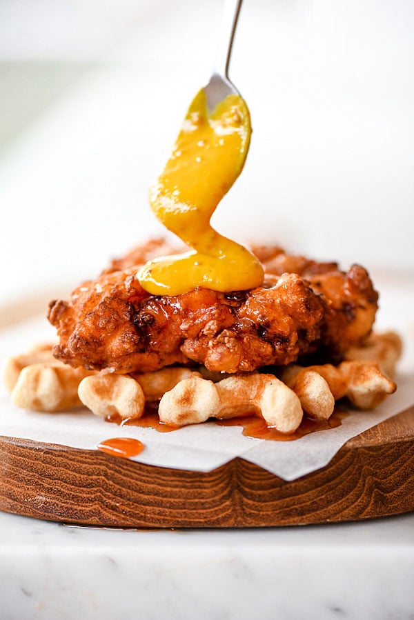 Chicken and Waffles Sliders Plus 4 Spicy Dipping Sauces | foodiecrush.com