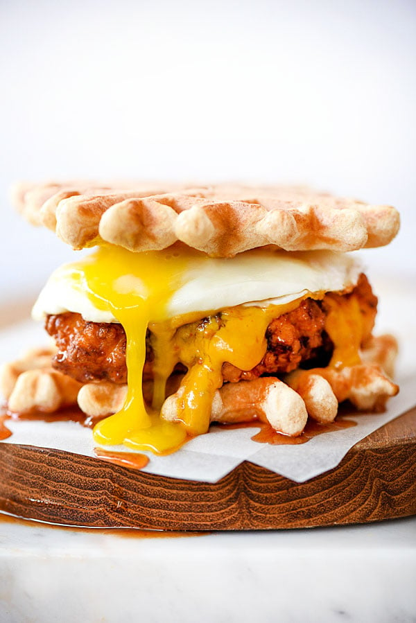 Chicken and Waffles Sliders Plus 4 Spicy Dipping Sauces | foodiecrush.com #recipe #southern #sliders #appetizer #sauce