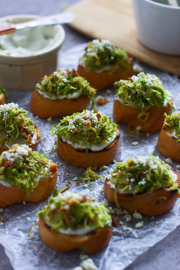 Five Ingredient Brussels Sprout and Bacon Crostini with Whipped Blue Cheese from Cooking for Keeps on foodiecrush.com 