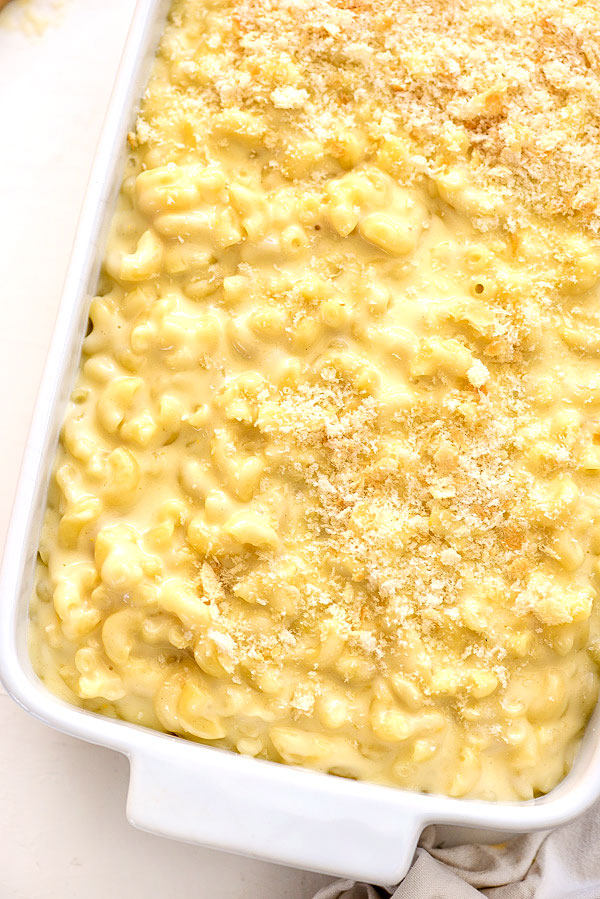 creamy baked mac and cheese in baking dish