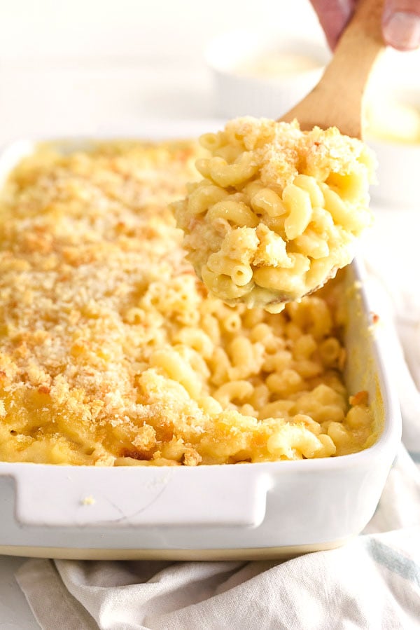 The Best Homemade Mac and Cheese uses 2 soft white cheeses making it extra creamy with a crunchy breadcrumb topping | foodiecrush.com