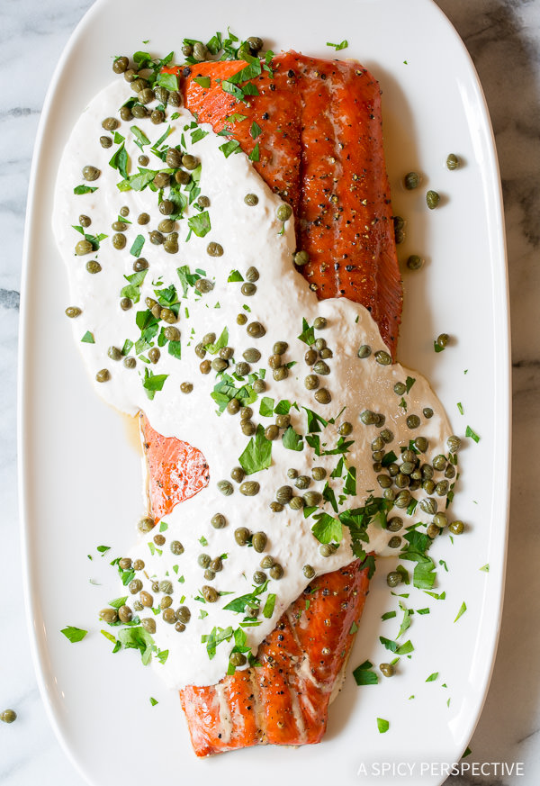 Smoky Oven Baked Salmon With Horseradish Sauce from A Spicy Perspective on foodiecrush.com