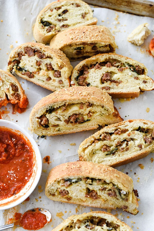 Cheesy Sausage Bread Pizza | foodiecrush.com #recipe #roll #Italian #cheesy #stuffed #appetizer #easy