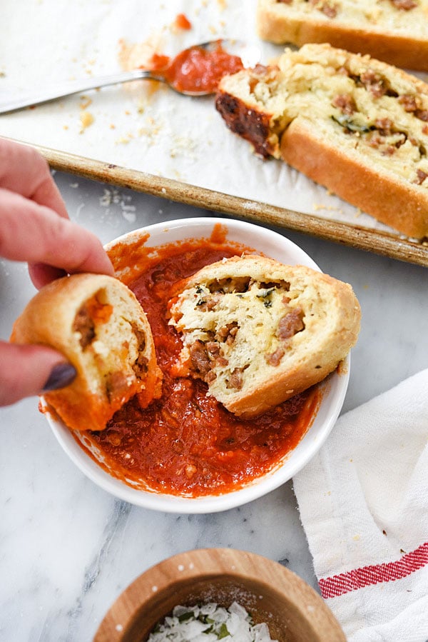 Cheesy Sausage Pizza Bread is an easy appetizer for a crowd | foodiecrush.com