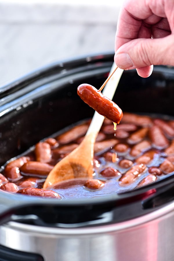 Slow Cooker Little Smokies | foodiecrush.com #crockpot #recipes #appetizers #easy #withbrownsugar