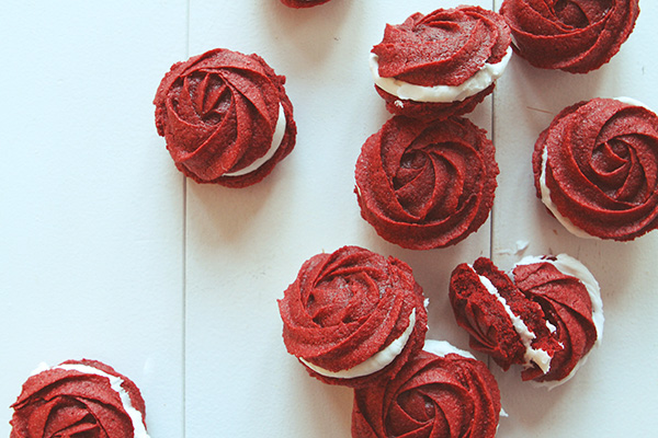 Red Velvet Rose Sandwich Cookies from I Am Baker on foodiecrush.com 