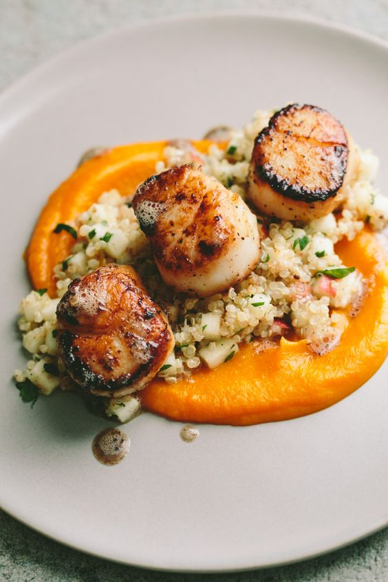 Seared Scallops with Quinoa and Apple Slaw + Butternut Squash Purée from A Thought for Food on foodiecrush.com 