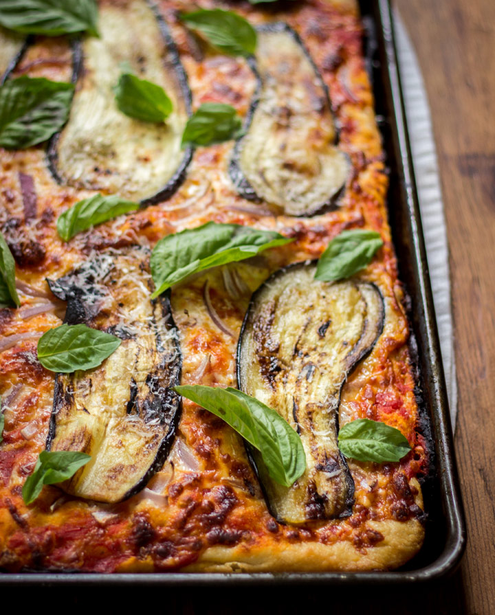 Sicilian Pizza with Eggplant from Nosh On.It on foodiecrush.com