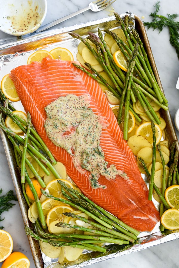 Sheet Pan Mustard Salmon Dinner | foodiecrush.com #dijon #recipes #grainy #baked #healthy