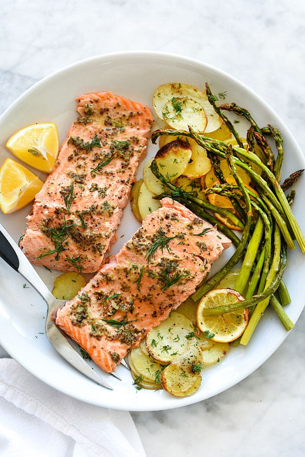 Sheet Pan Mustard Salmon Dinner | foodiecrush.com #dijon #recipes #grainy #baked #healthy